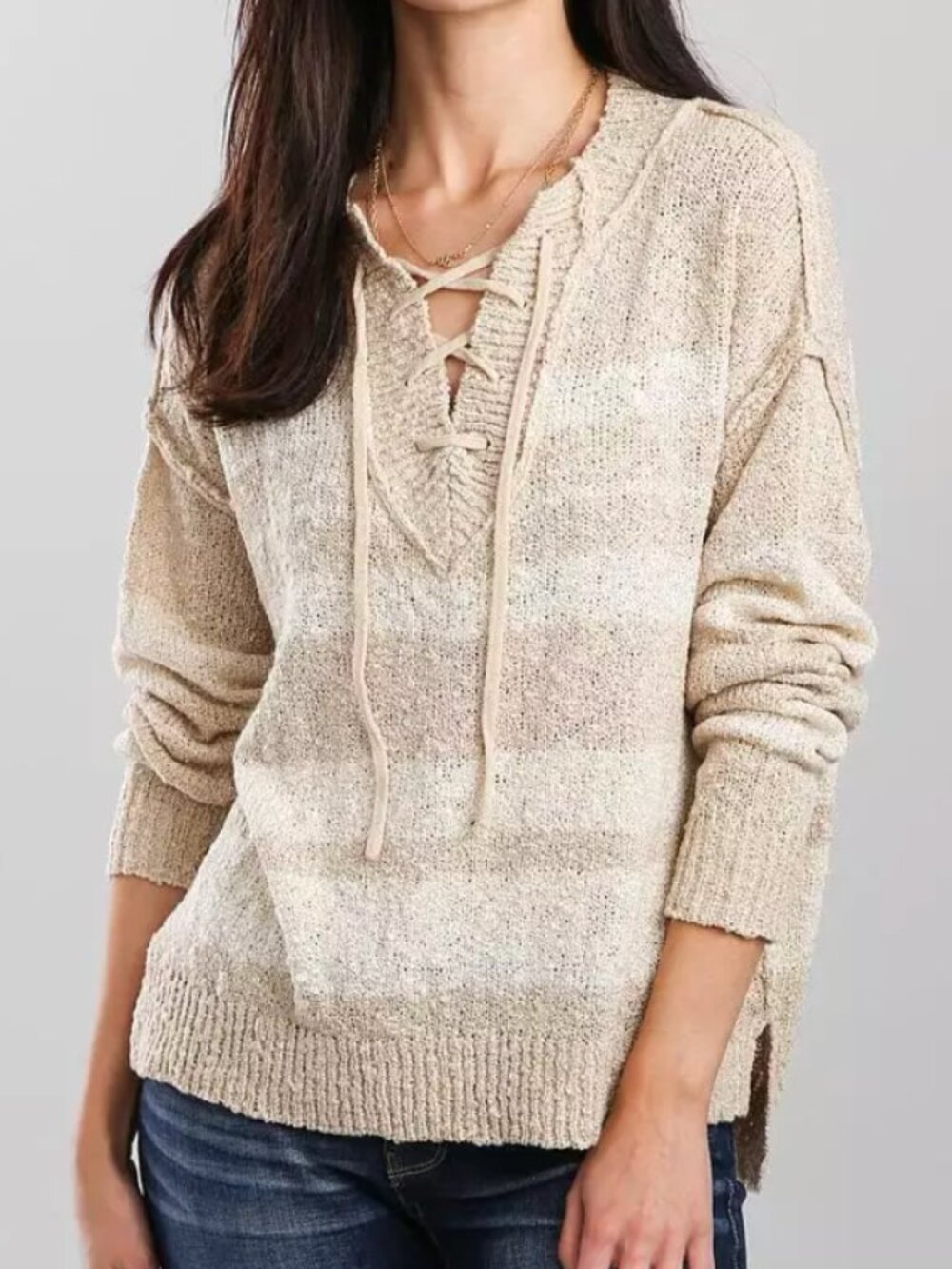 HEM & THREAD ALTAR'D STATE Cream White Striped Lace Up Knit Pullover Sweatshirt